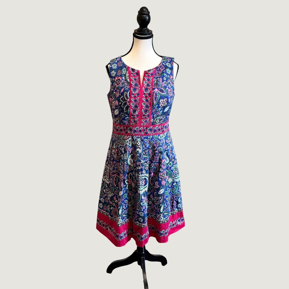Talbots Petites Blue Pink Paisley Floral Sleeveless Fit Flare Dress 6P
